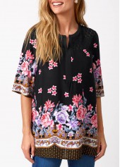 Split Neck Floral Print Lace Stitching Blouse