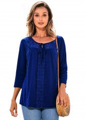 Lace Stitching Tie Front 3/4 Sleeve T Shirt