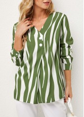 V Neck Striped Decorative Button Blouse