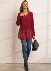 Lace Patchwork Solid Long Sleeve V Neck T Shirt | thumb picture 