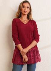 Lace Patchwork Solid Long Sleeve V Neck T Shirt | thumb picture 