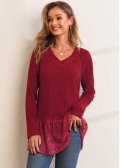 Lace Patchwork Solid Long Sleeve V Neck T Shirt