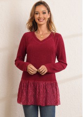 Lace Patchwork Solid Long Sleeve V Neck T Shirt | thumb picture 