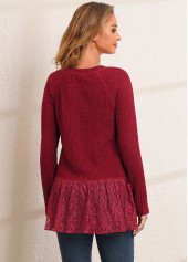 Lace Patchwork Solid Long Sleeve V Neck T Shirt | thumb picture 