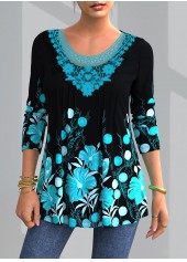 Blue Lace Floral Print Long Sleeve Blouse