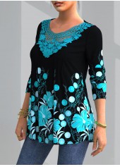 Blue Lace Floral Print Long Sleeve Blouse | thumb picture 