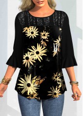 Three Quarters Sleeve Round Neck Floral Print T Shirt