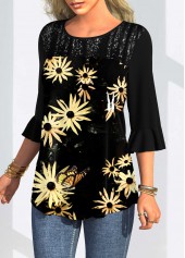 Three Quarters Sleeve Round Neck Floral Print T Shirt | thumb picture 
