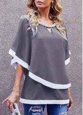 Embellished Neck Keyhole Neckline Layered Contrast T Shirt