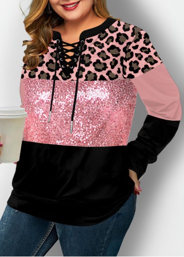 Modlily Plus Size Lace Up Leopard Sequin Panel Sweatshirt - 3X