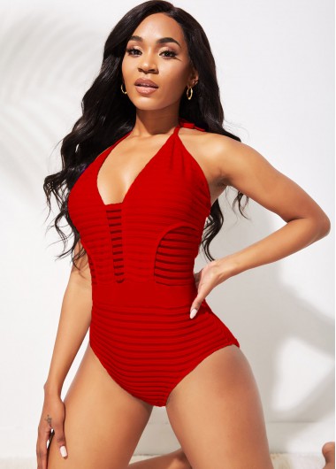 Modlily Halter Ladder Cutout Red One Piece Swimwear - XXL