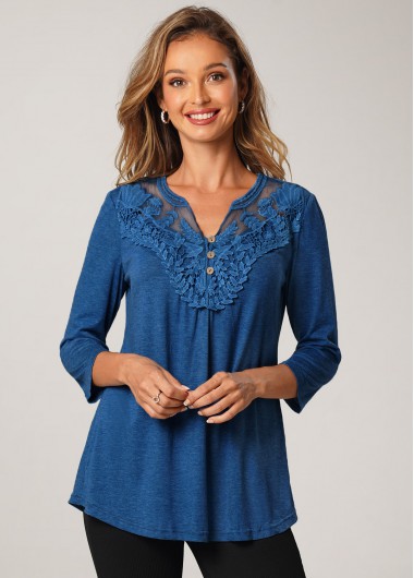 Modlily 3/4 Sleeve Split Neck Solid T Shirt - S