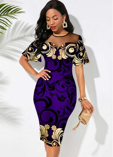 Modlily Round Neck Floral Print Mesh Stitching Dress - XXL