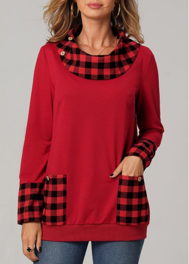 Modlily Christmas Plaid Long Sleeve Red Pocket Sweatshirt - M