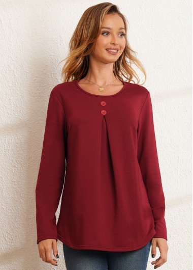 Modlily Decorative Button Round Neck Long Sleeve Tunic Top - M