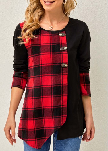 Modlily Asymmetric Hem Decorative Button Long Sleeve Tunic Top - M