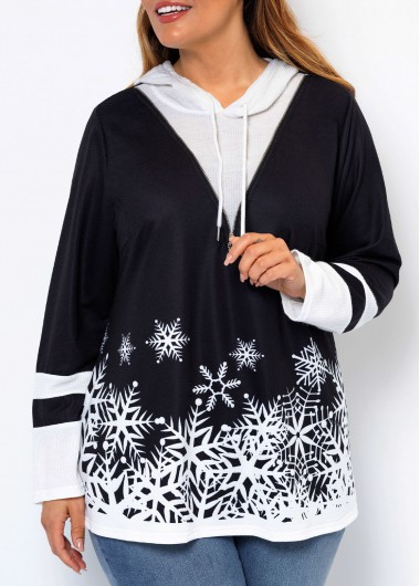 Modlily Plus Size Black Christmas Snowflake Print Hoodie - 1X