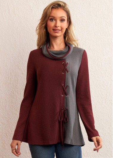 Modlily Lace Up Patchwork Long Sleeve Cowl Neck Tunic Top - S