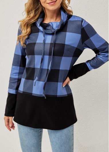 Modlily Drawstring Plaid Long Sleeve Cowl Neck Sweatshirt - M