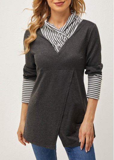 Modlily Striped Dark Grey Cowl Neck Crossover Hem Sweatshirt - M
