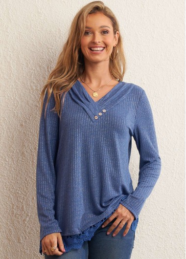 Modlily Lace Patchwork Solid Decorative Button Sweater - M