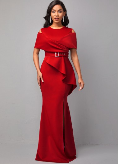 Modlily Cold Shoulder Solid Belted Short Sleeve Round Neck Dress - S