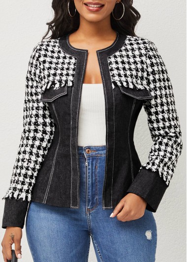 Modlily Houndstooth Print Denim Panel Open Front Blazer - M