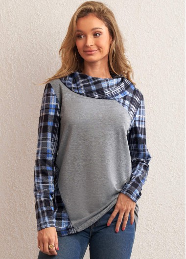 Modlily Plaid Long Sleeve Grey Contrast Sweatshirt - L
