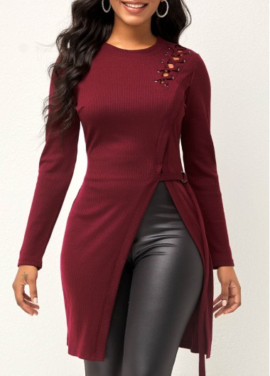 Modlily Hollow Out Wine Red Round Neck Sweater - L