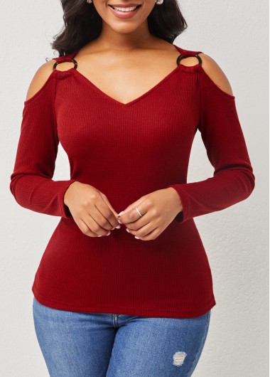 Modlily Cold Shoulder Solid Long Sleeve V Neck T Shirt - M