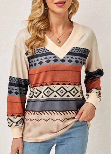 Modlily Tribal Print Long Sleeve V Neck T Shirt - M