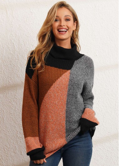 Modlily Turtleneck Contrast Long Sleeve Black Sweater - XL