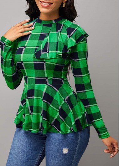 Modlily Plaid Long Sleeve Green Flounce Blouse - M