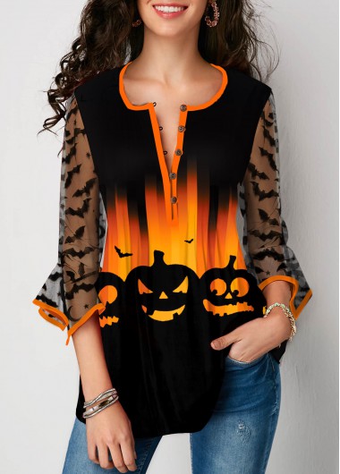 Modlily Lace Stitching Hanky Cuff Halloween Print Blouse - L