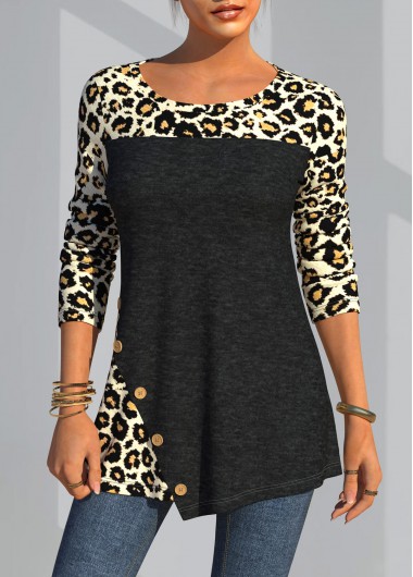 Modlily Leopard Long Sleeve Shirt For Women Round Neck Decorative Button Tops - S