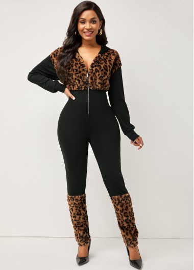 Modlily Zipper Leopard Long Sleeve Hooded Collar Jumpsuit - M
