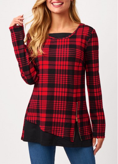 Modlily Plaid Long Sleeve Zipper Detail Sweatshirt - XL