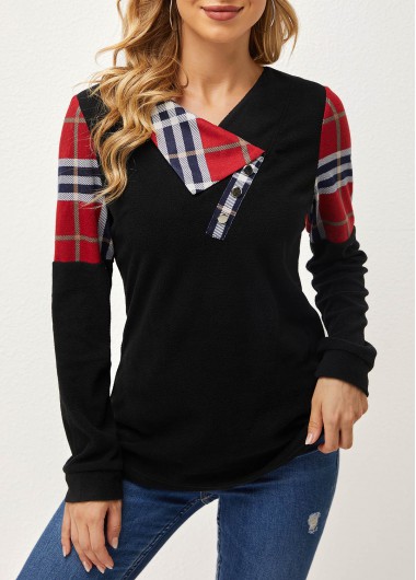 Modlily Decorative Button Black Plaid Long Sleeve Blouse - M