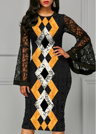 Modlily Lace Patchwork Geometric Print Round Neck Dress - XL