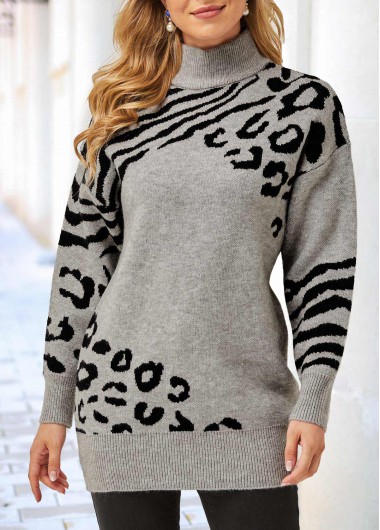 Modlily Leopard and Zebra Print Turtleneck Grey Sweater - M