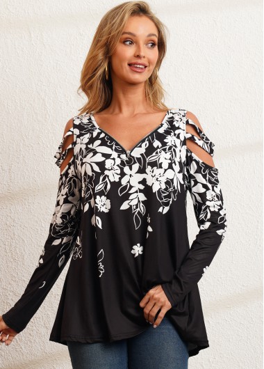 Modlily Quarter Zip Cold Shoulder Floral Print T Shirt - 3XL