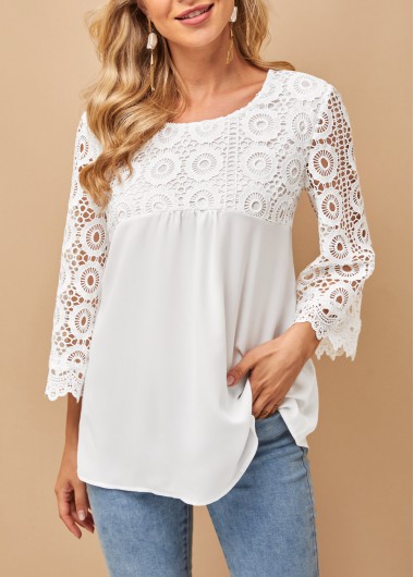 Modlily Round Neck Lace Stitching 3/4 Sleeve T Shirt - S