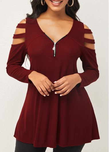 Modlily Quarter Zip Ladder Cutout Long Sleeve T Shirt - S