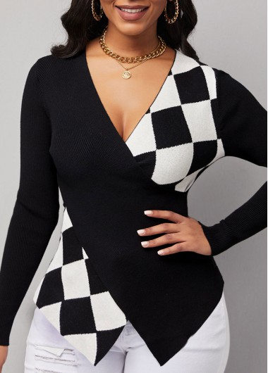 Modlily Checkered Print V Neck Long Sleeve Sweater - S