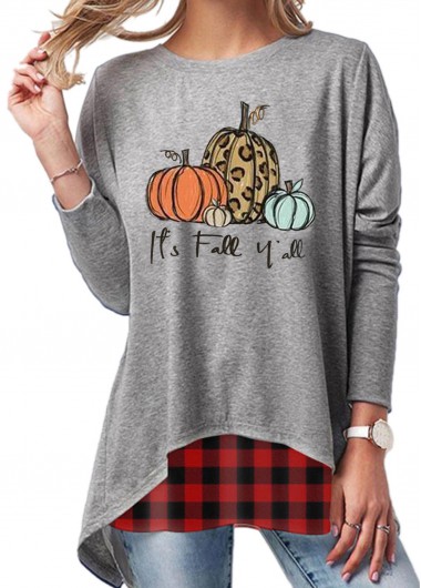 Modlily Halloween Pumpkin Print Plaid Asymmetric Hem T Shirt - 4XL