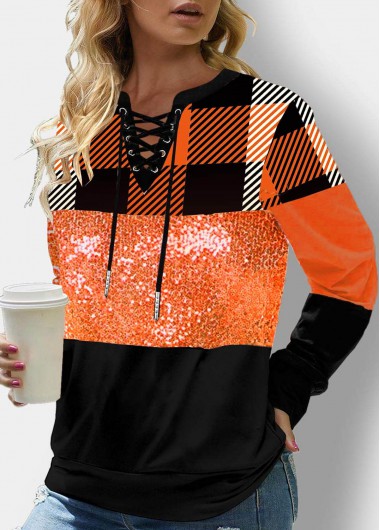 Modlily Plaid Orange Lace Up Sequin Sweatshirt - M