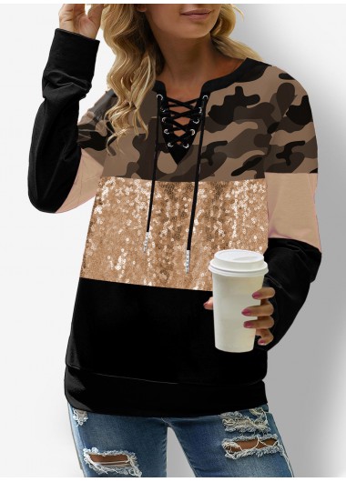Modlily Sequin Camouflage Print Lace Up Sweatshirt - L