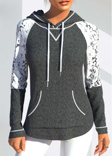 Modlily Lace Patchwork Long Sleeve Drawstring Detail Hoodie - M