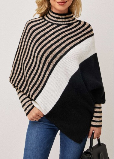 Modlily Batwing Sleeve Striped Black Mock Neck Sweater - L