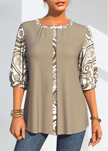 Modlily 3/4 Sleeve Paisley Print Button Detail Blouse - M